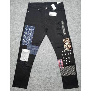 Rue21 Jeans Mens 34X30 Black Denim Supreme Flex Skinny Distressed Patches New